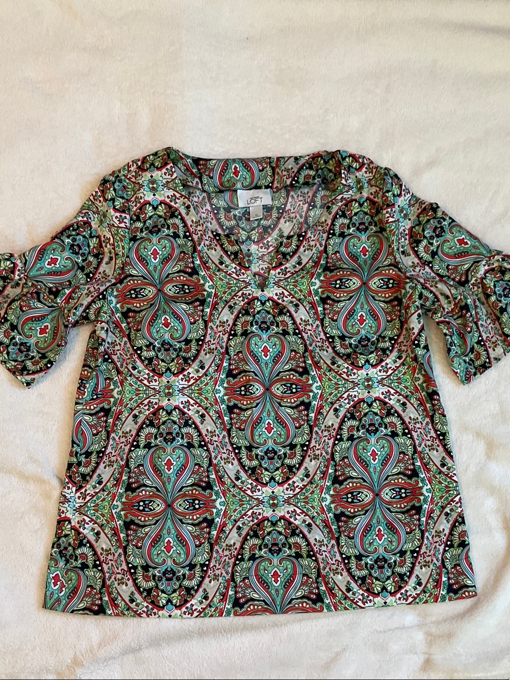 LOFT Teal Multi Paisley V-Neck Short Sleeve Blouse